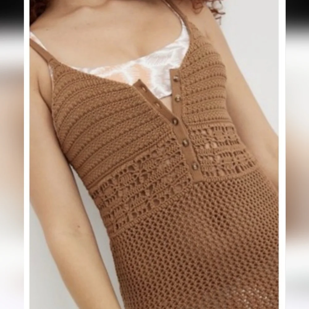 Aerie Sleeveless Crochet Knit‎ Brown/Tan Dress Sz Large Beach Summer Boho